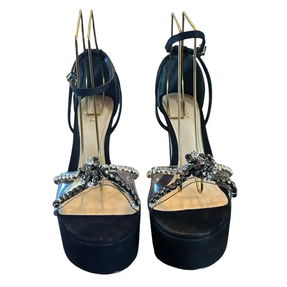 Schutz Suede Platform High Heels Clear Strap Rhinestone Embellished NEW 9.5